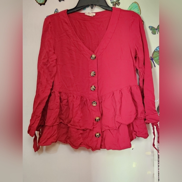 Women's Solid Color V Neck Long Sleeve Shirt with Ruffle Hem - Picture 1 of 5